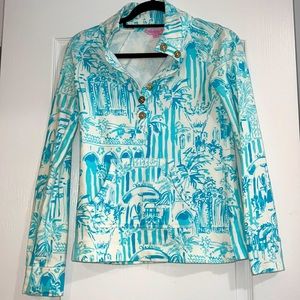 Lilly Pulitzer Popover Blue and White Print Gold Buttons, EUC XXS
